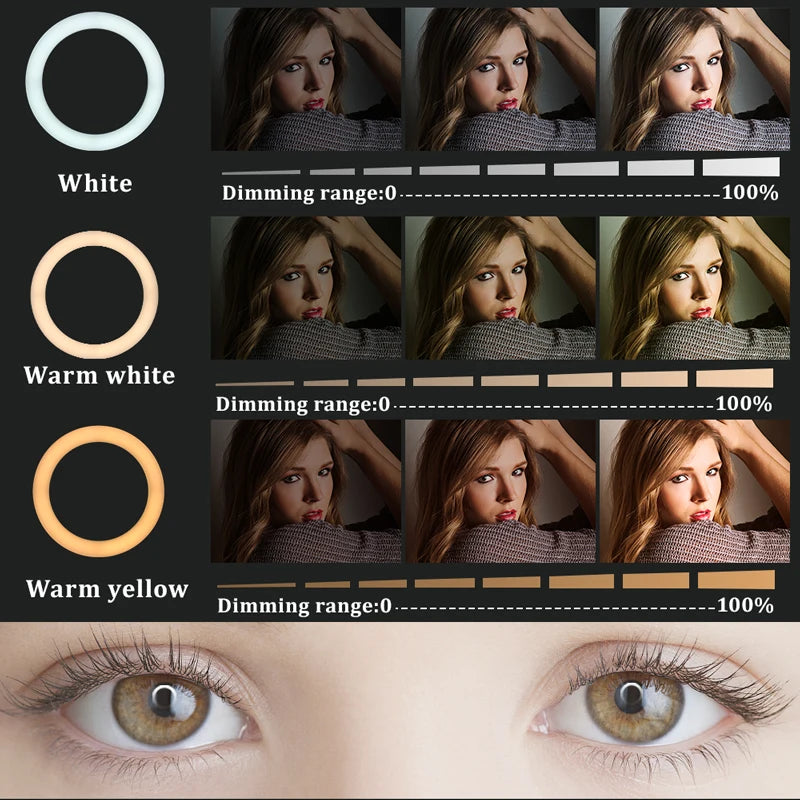 Round LED ring light with adjustable color temperatures and brightness settings for portrait and eye illumination.