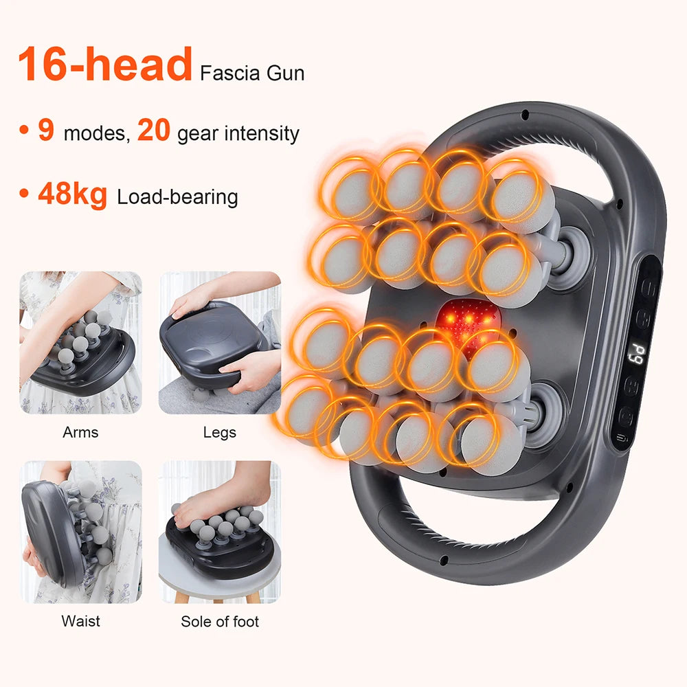 Fascia Massage Gun: 16-Head Electric Deep Tissue Recovery Device Back Massage Instrument GRAY Tidesmit