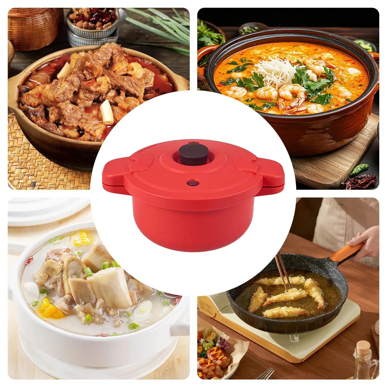 Red microwave pressure cooker pot with black knob lid, shown on a collage background.