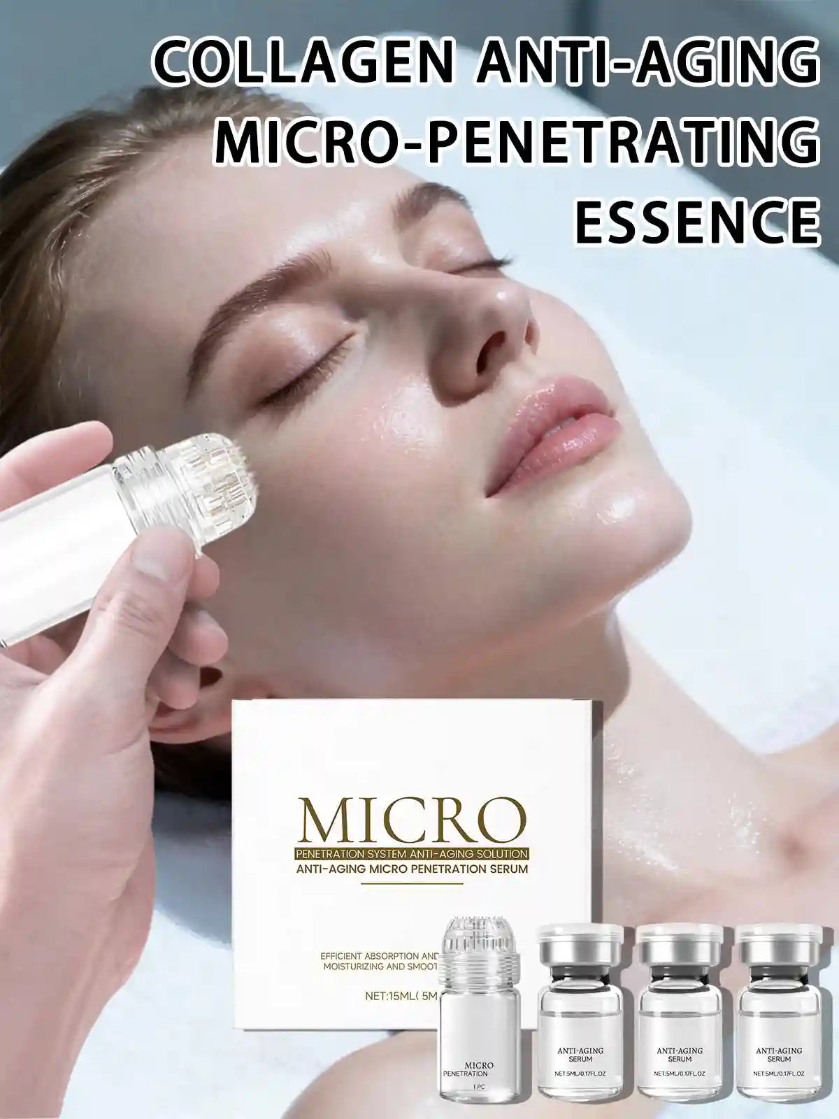 Advanced Collagen Anti-Aging Micro-Penetrating Essence set featuring firming, hydrating, and rejuvenating facial serum.