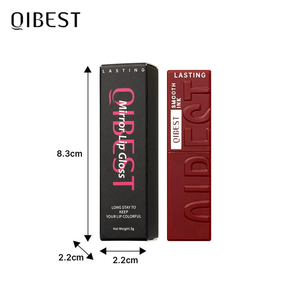 QIBEST Watery Lip Glaze: Sexy red liquid lipstick with mirror glossy finish in sleek packaging. Long-lasting lip tint.