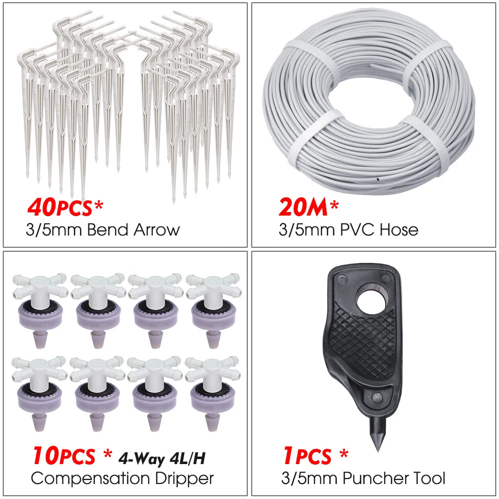Drip irrigation kit contents diagram: bend arrow pieces, white hose coil, drippers, and punch tool