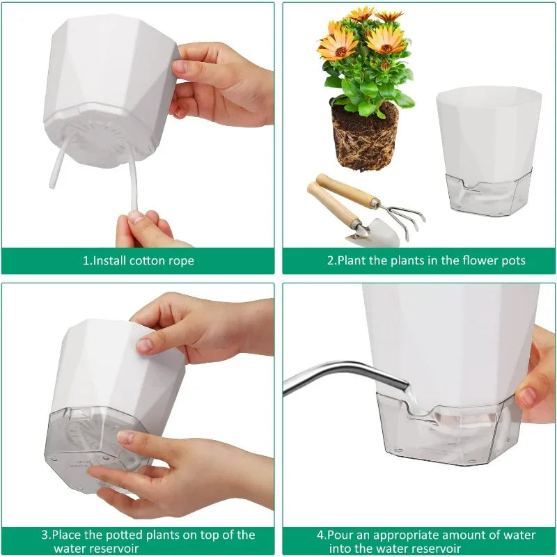 White self-watering planter pot with clear reservoir shown during assembly steps