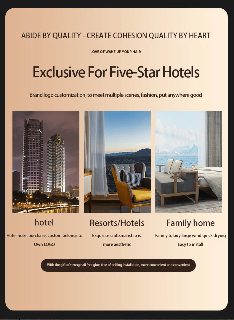 HOMEFISH hotel-exclusive wall-mounted hairdryer. High-power, no-drill bathroom design for luxury resorts and home use.