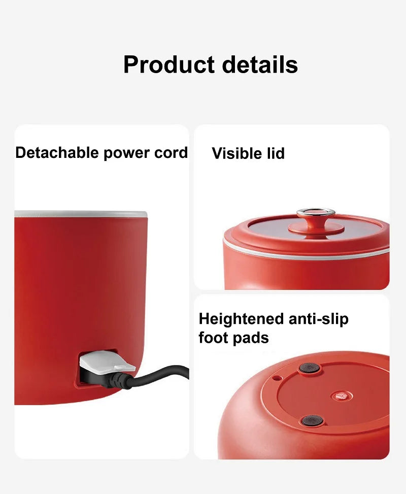 Electric cooking pot detail view: detachable power cord, visible lid, anti-slip feet