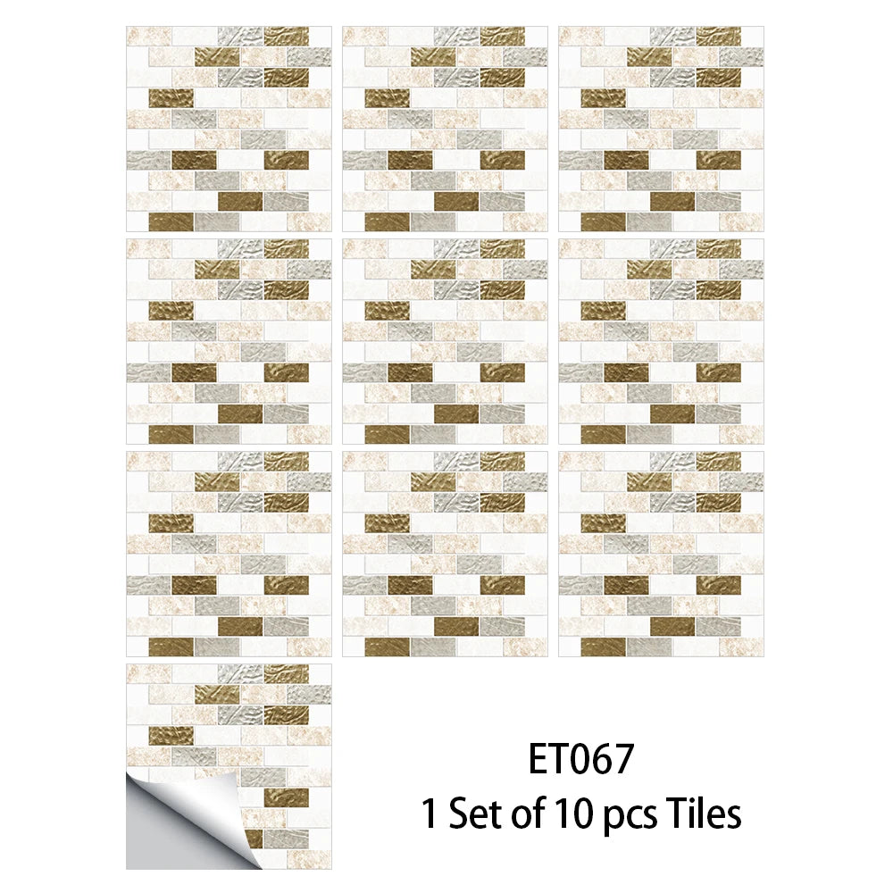 10pcs/set Flat Marble Mosaic Tiles Sticker Transfers Covers For Kitchen Bathroom Tables Peel & Stick Waterproof Art Wall Decals