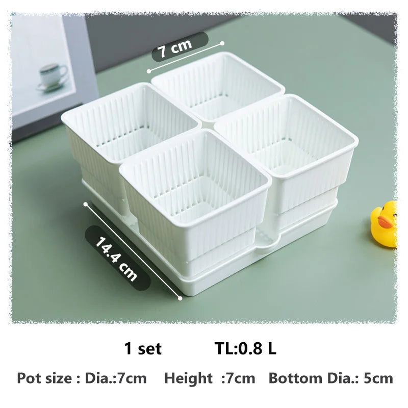 White square succulent pot set with drainage tray and four ribbed pots, 7 cm size