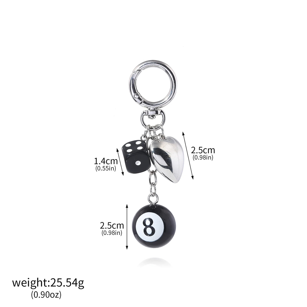 Silver-tone keychain with black 8-ball charm, black dice, silver heart charm, keyring