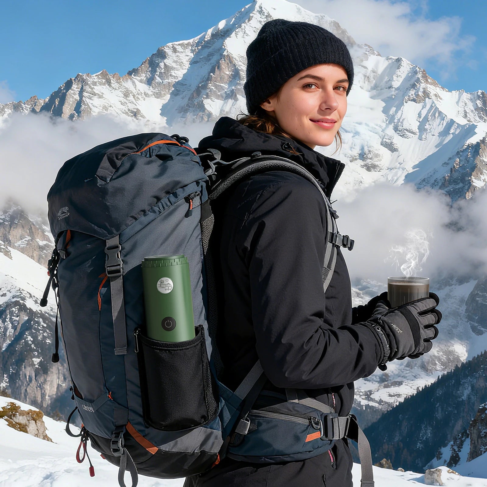 Olive green portable electric coffee maker in hiking backpack pocket with mountains in the background.
