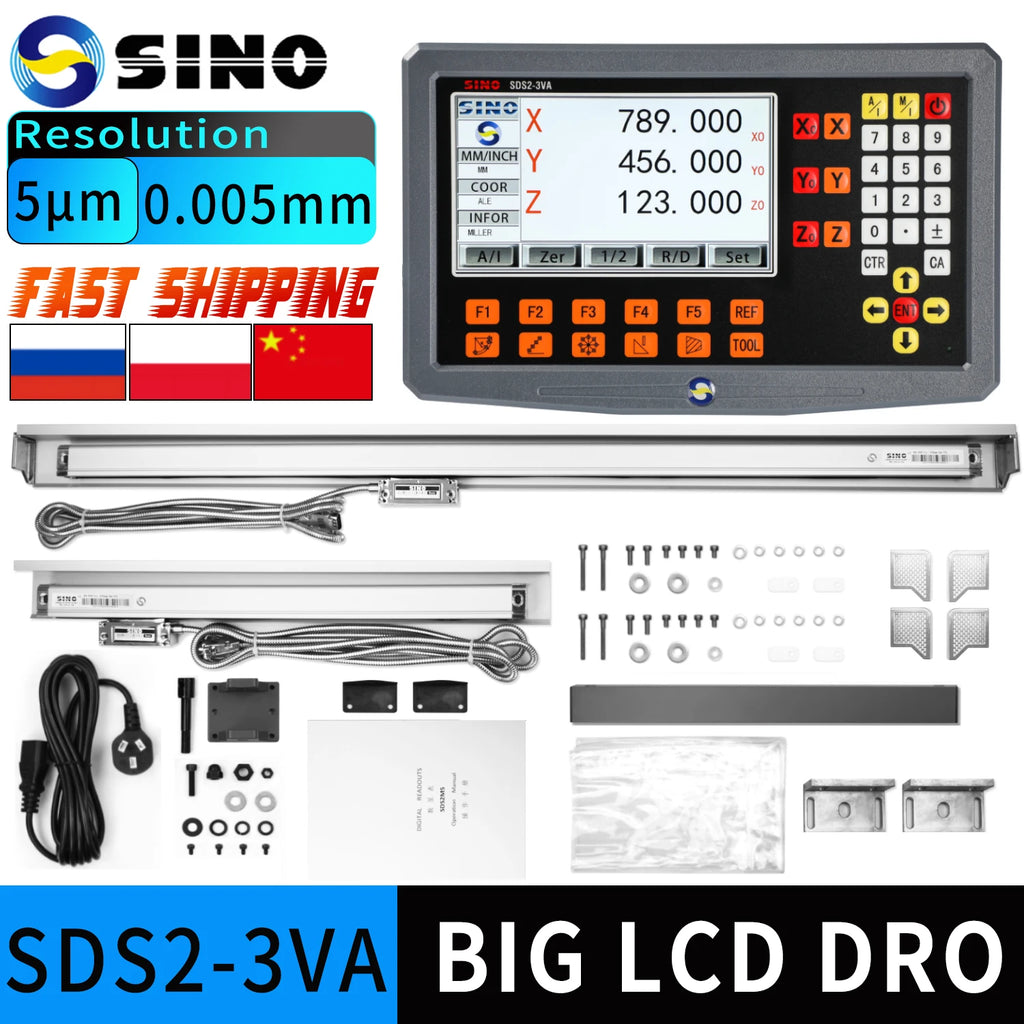 SINO SDS2-3VA Set 3 Axis And 2 Axis LCD DRO Kit Digital Readout KA35 Glass Linear Scale Encoders For Lathe Grinder Milling