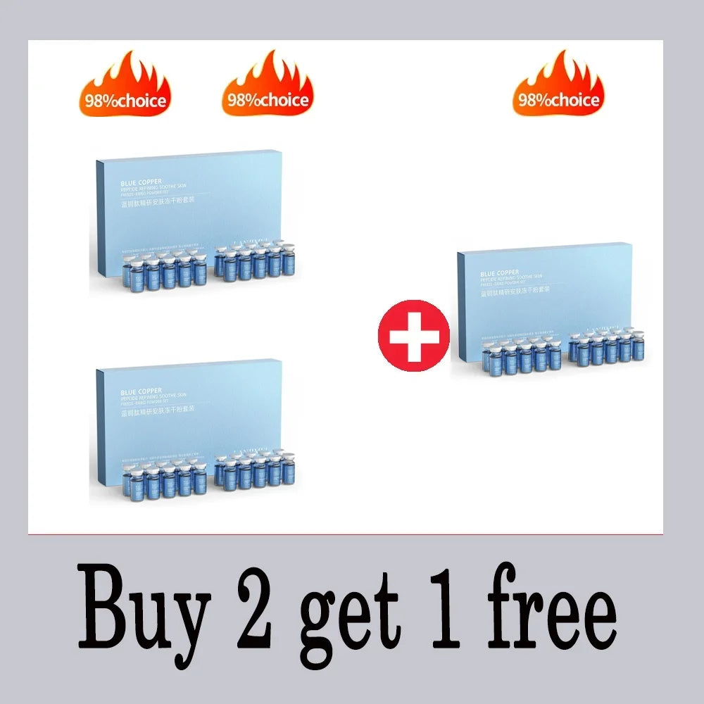 Blue serum set with multiple blue boxes and vials plus 98% choice badge icons