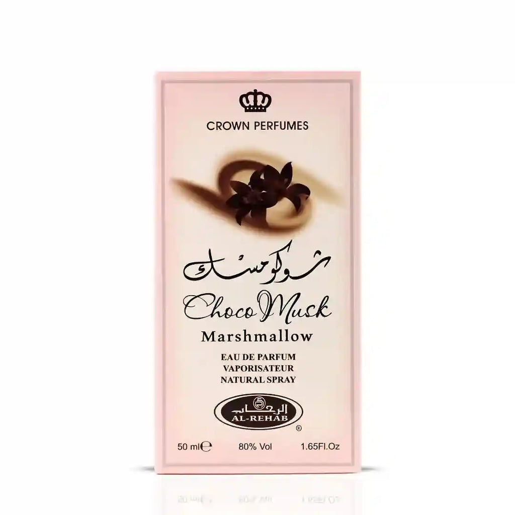 Al-Rehab Choco Musk Marshmallow EDP for women. 50ml rectangular box, gourmand scent with cocoa, strawberry, and musk.