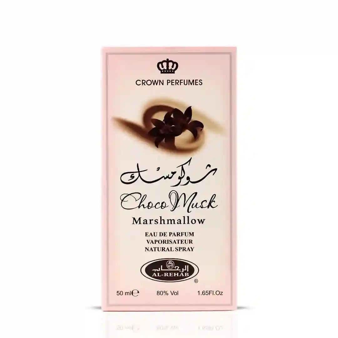 Al-Rehab Choco Musk Marshmallow EDP for women. 50ml rectangular box, gourmand scent with cocoa, strawberry, and musk.
