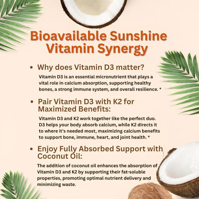 ﻿Vitamin D3 10000 iu Plus K2 | 2 in 1 Vitamins D & K Complex | Supports Calcium Absorption, Bone, Immune, & Heart Health, 30pcs