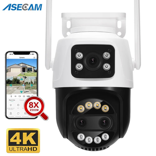 White dual-lens PTZ WiFi security camera with two antennae and LED spotlight cluster