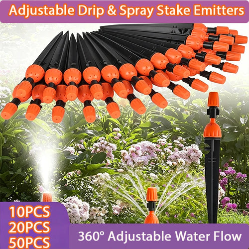 Adjustable drip and spray stake emitter set with orange nozzles and black stakes, 10–50 pcs.