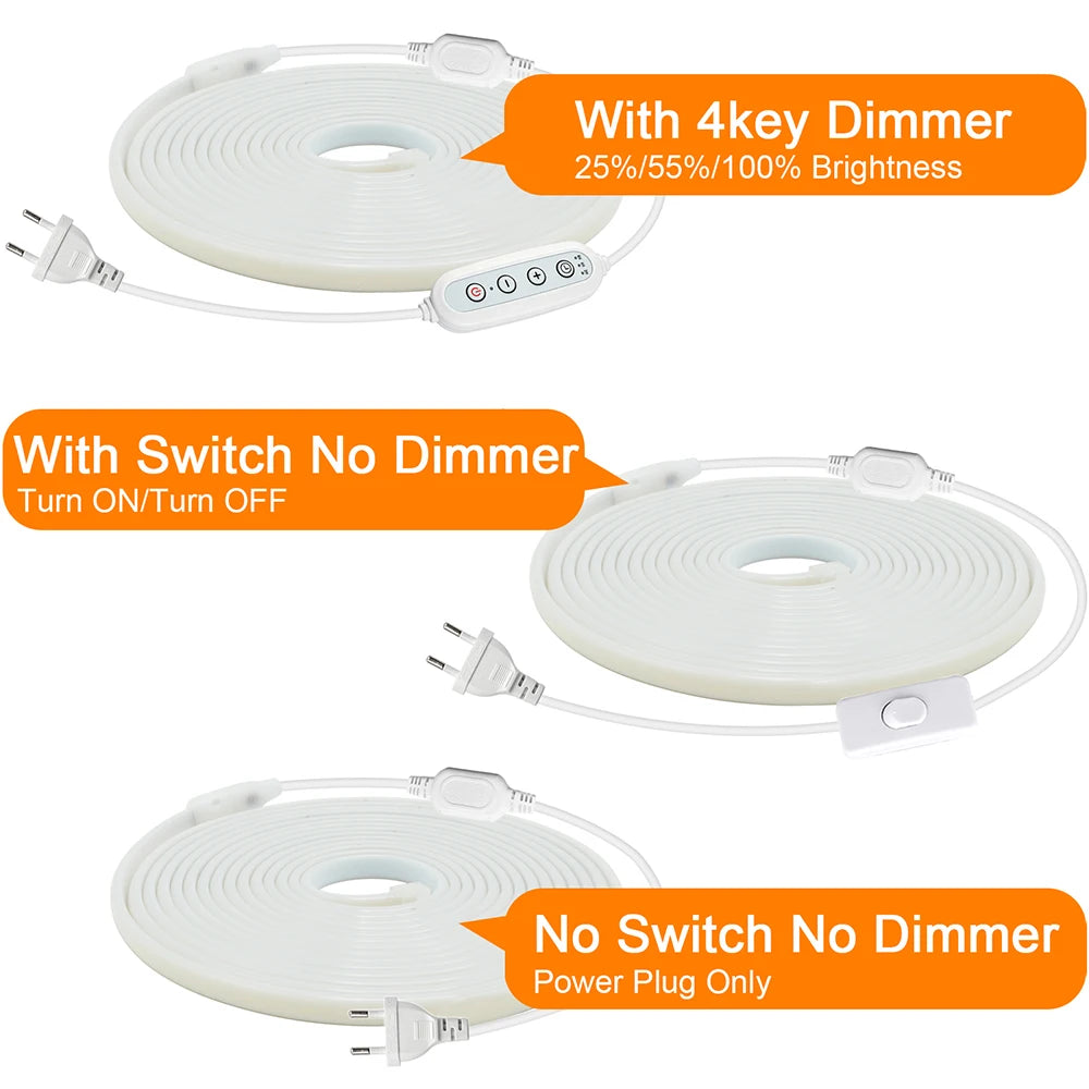 Dimmable 220V COB LED Neon Strip Light 4key Controller EU Plug Flex Tube 3000K 4000K 6000K for Staircase Bar Counter Lighting