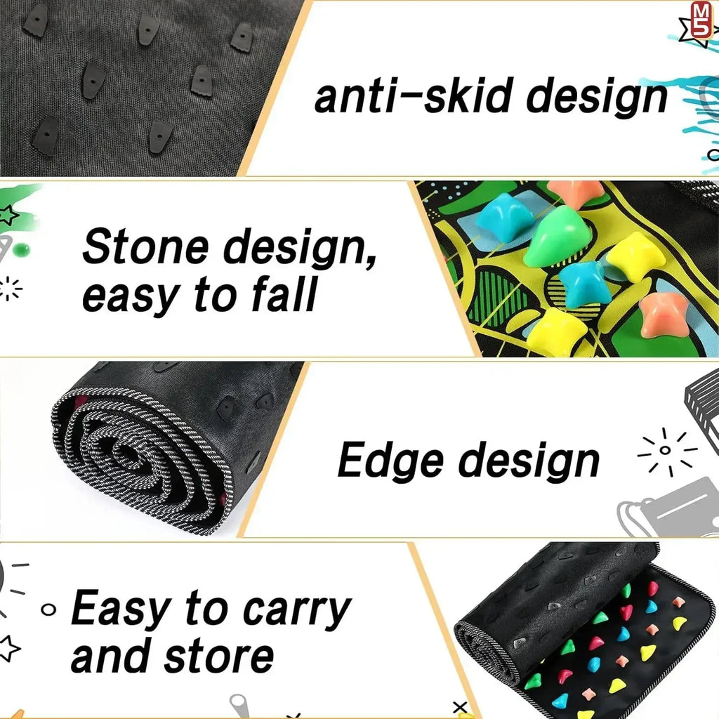 Portable acupressure foot reflexology massage mat with colorful stone-like nodes, anti-skid base, and roll-up design.