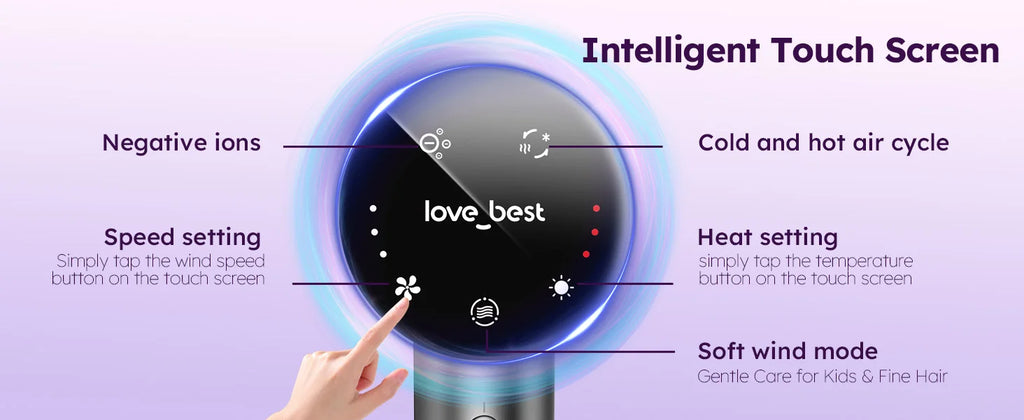 High-speed hair dryer with intelligent touch screen, negative ion tech, and heat/speed settings for fast drying.