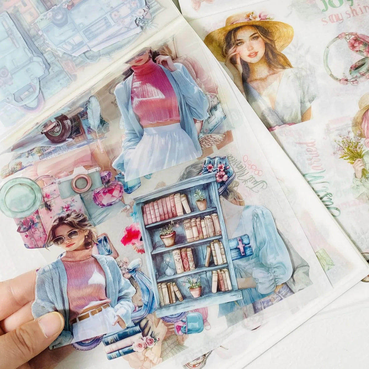 Journamm 20-sheet PET decorative sticker book featuring aesthetic fashion and lifestyle illustrations for scrapbooking.