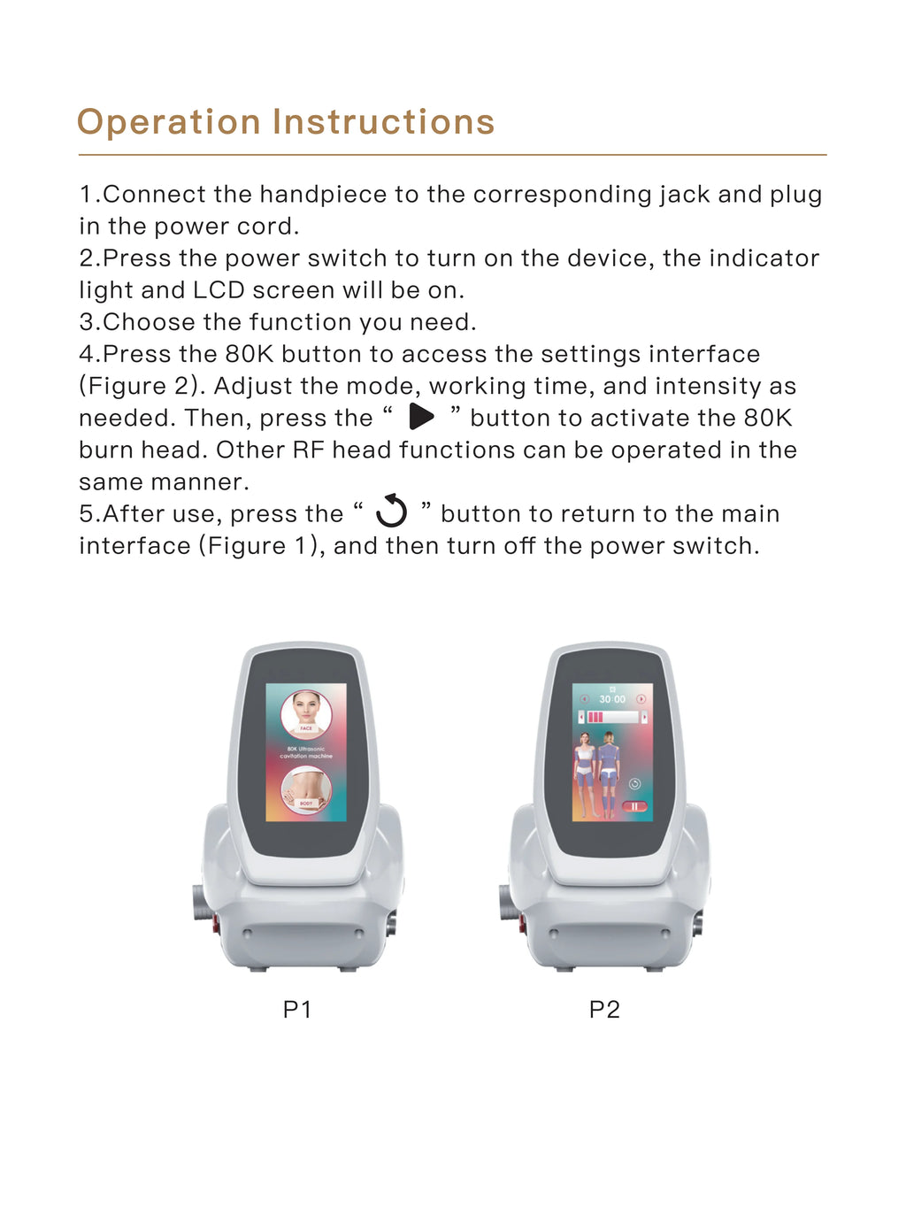 6-in-1 ultrasonic cavitation machine with LCD touchscreen interface showing body slimming and RF skin tightening modes.