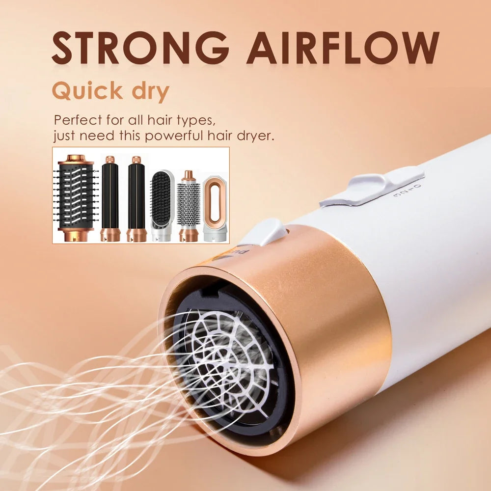 6-in-1 hair dryer brush set, white and gold styling tool with curling iron and attachments for professional air styling.