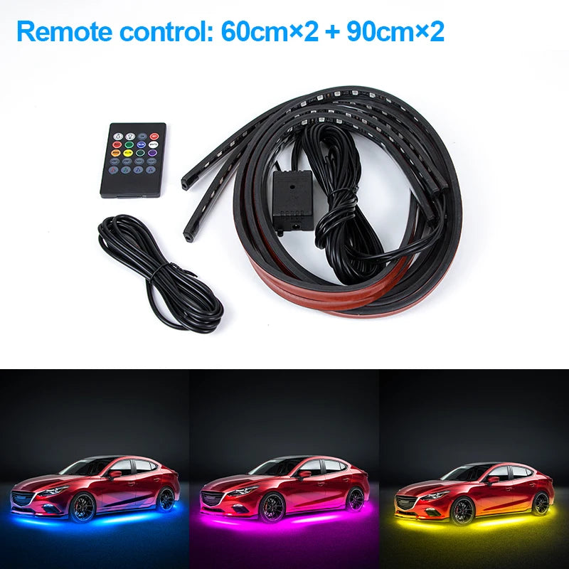 Flexible LED car underglow light strips with remote, two 60cm and two 90cm black strips, for vehicle accent lighting.