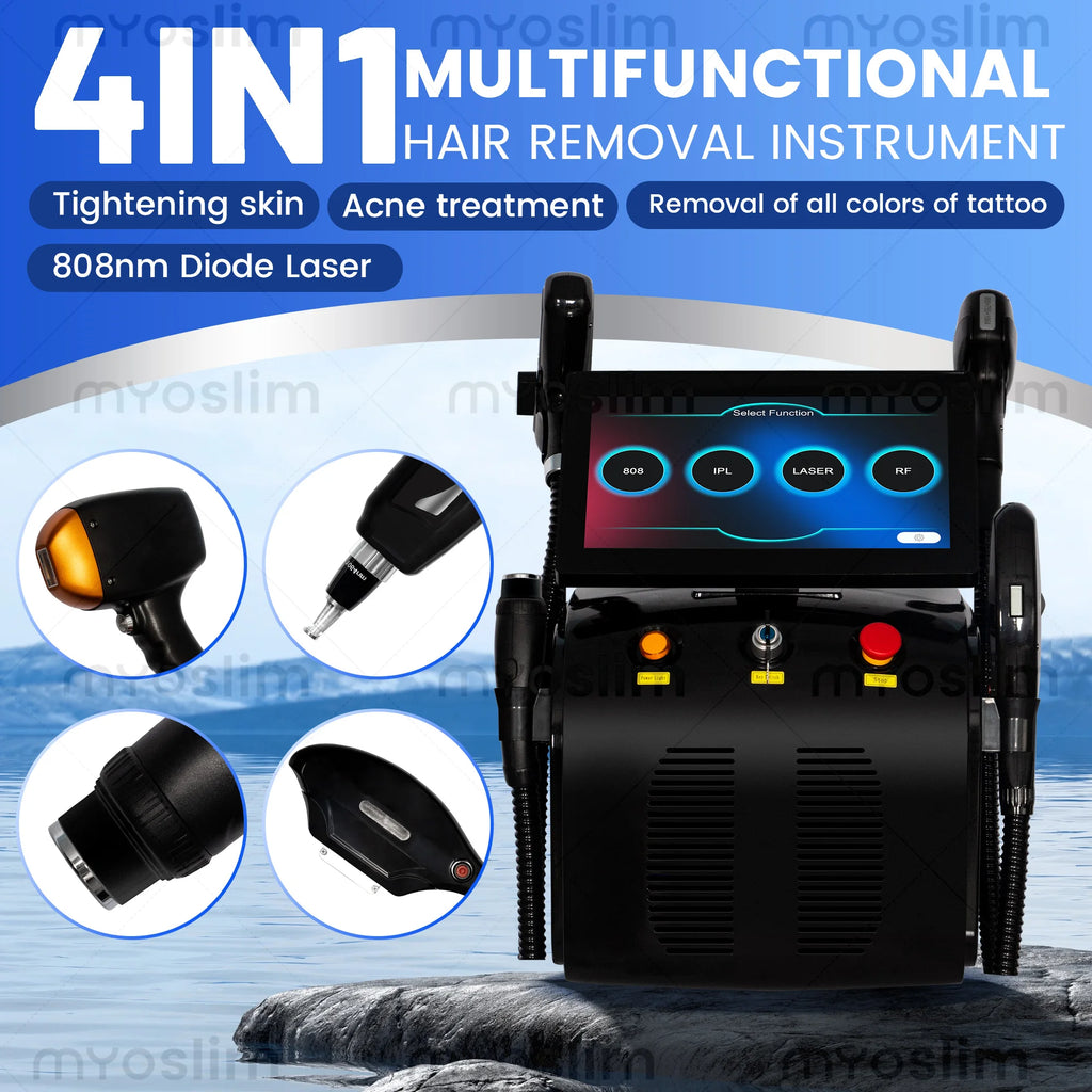 Tidesmit 4-in-1 Ice Platinum laser hair removal machine featuring 755 808 940 1064nm wavelengths, side angle view.