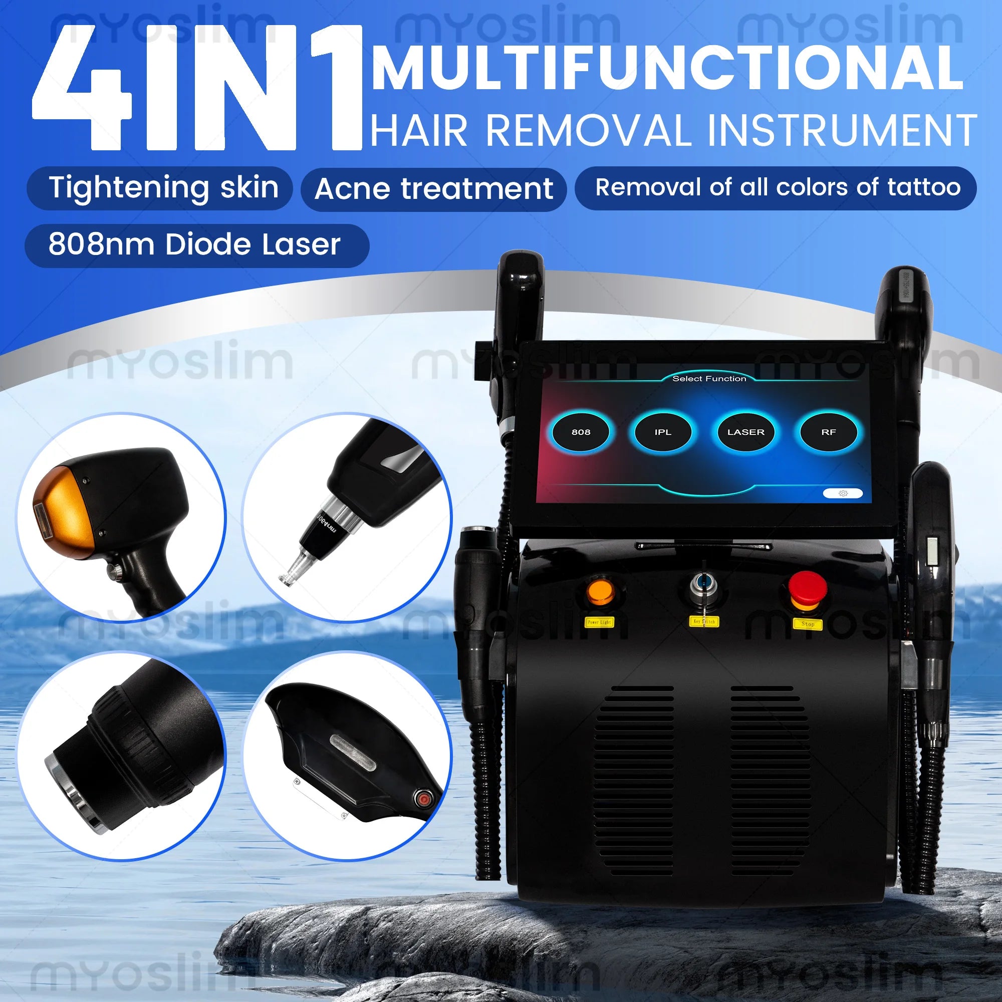 Tidesmit 4-in-1 Ice Platinum laser hair removal machine featuring 755 808 940 1064nm wavelengths, side angle view.
