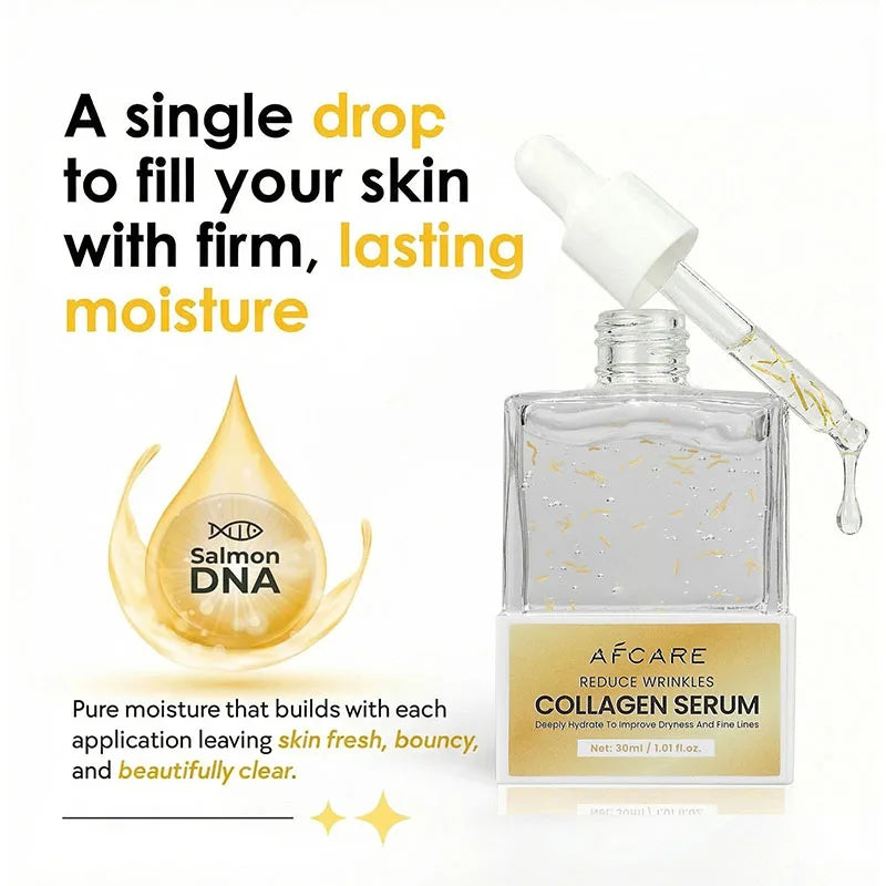 Afcare Salmon DNA Collagen Serum for face: anti-aging dropper bottle for firm, smooth, radiant skin for all skin types.