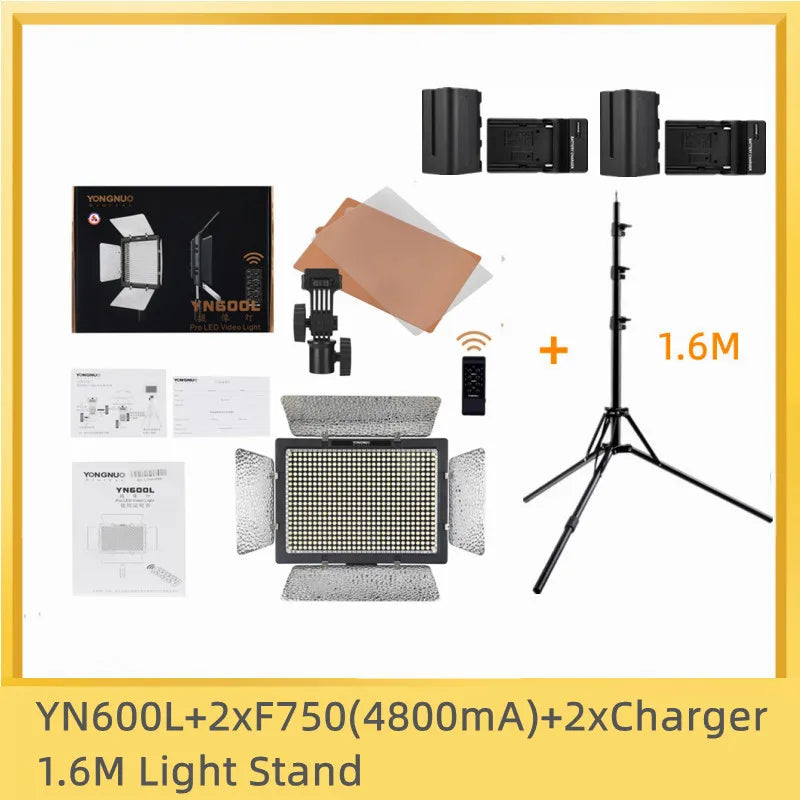 YN600L LED video light kit with 1.6m metal stand, two batteries, chargers, remote, and filter panels.
