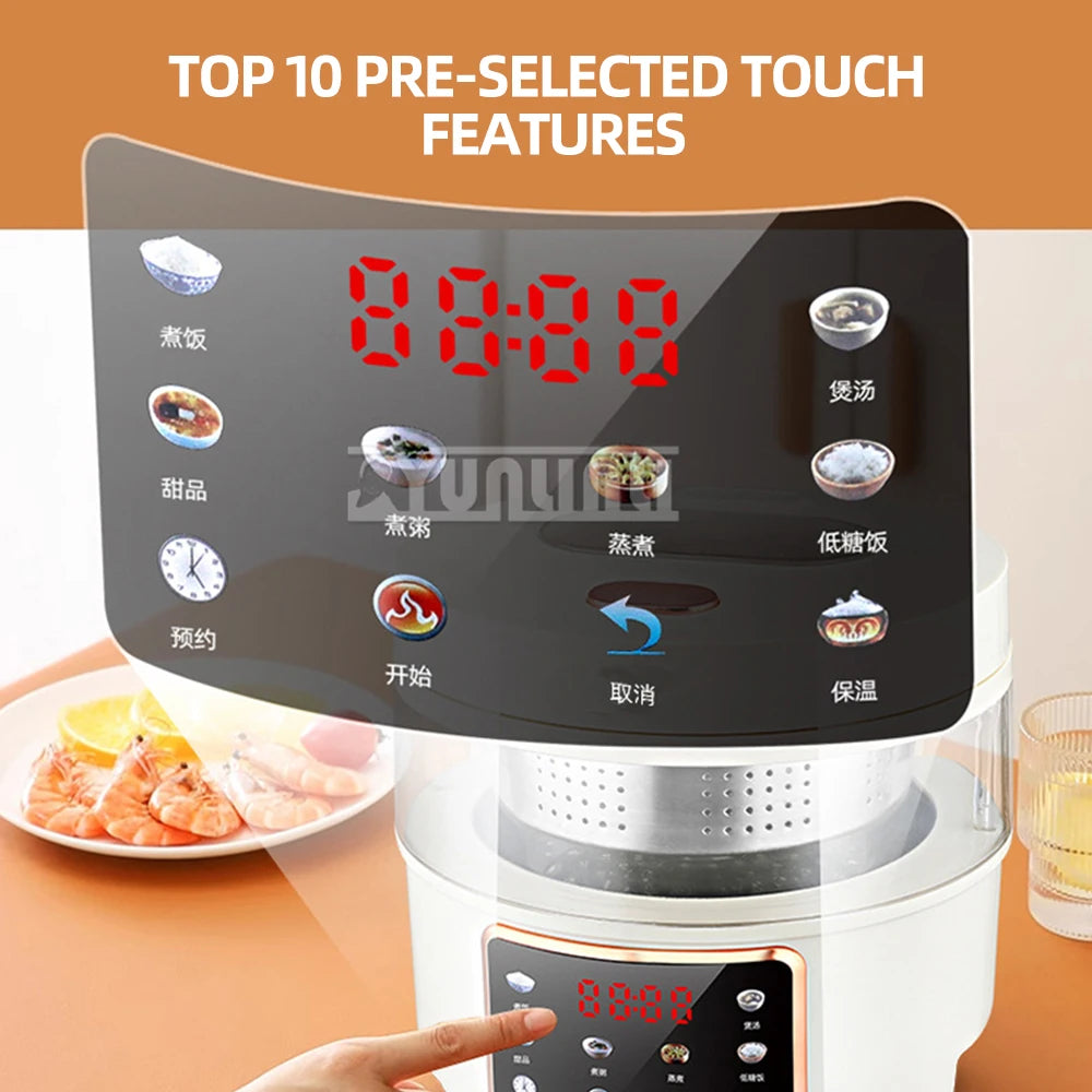 Visual glass rice cooker control panel with red digital display and touch icons