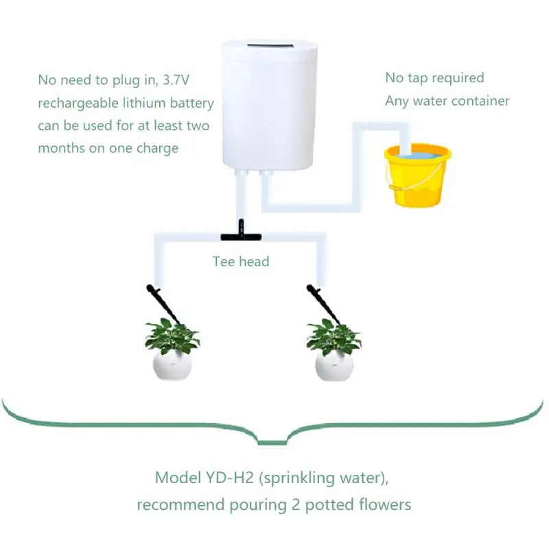 Self-watering irrigation kit with tee head and two drippers connected to pump and hose