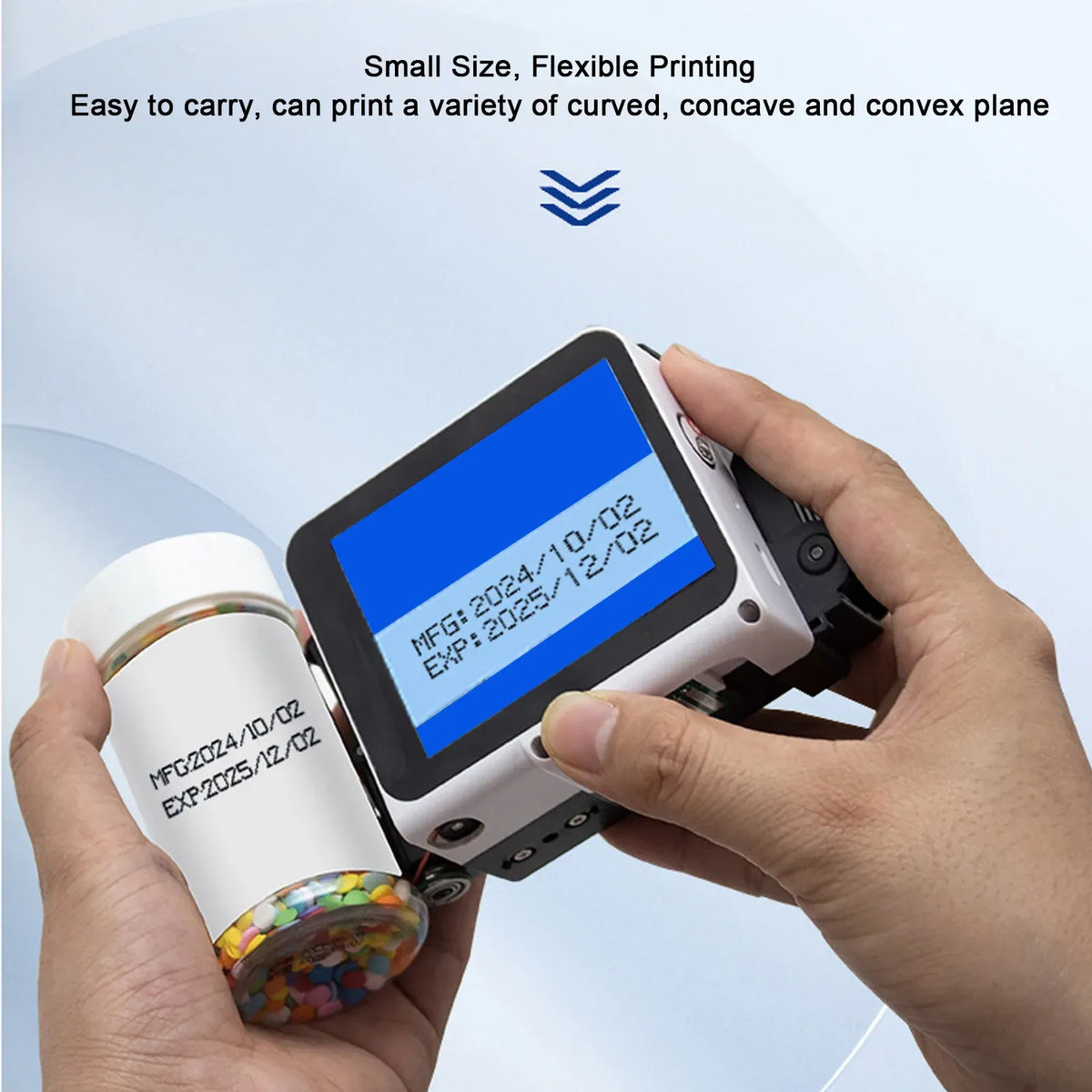 Handheld inkjet printer pressing onto a curved surface for label printing