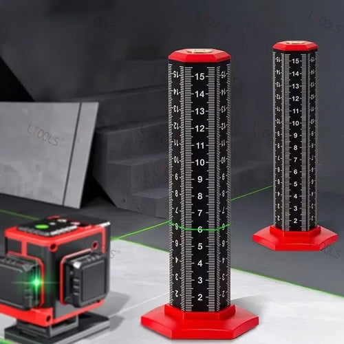 Red and black vertical tile leveling gauge ruler with measurement scales and base stands.