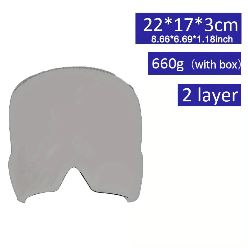 Grey gel ice pack hat for migraine and headache relief with 2-layer design and dimensions 22x17x3cm.