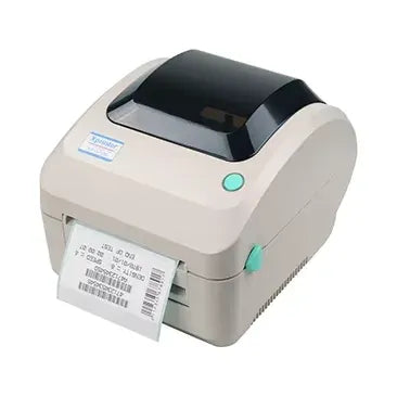 White desktop thermal label printer angled view with feed tray and turquoise status buttons