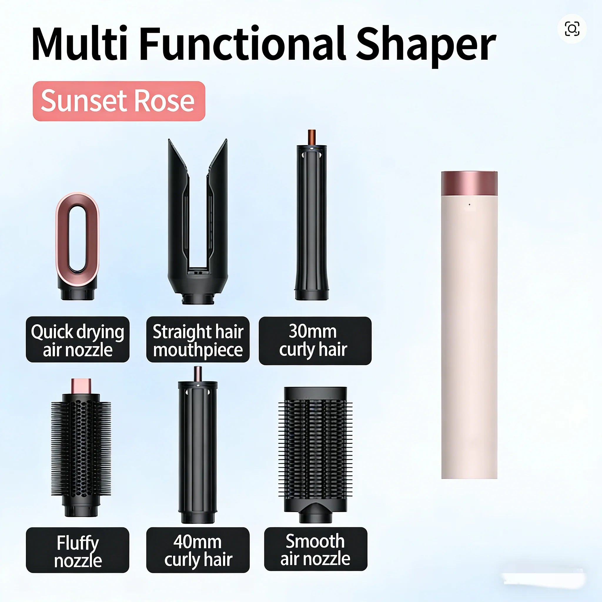 Sunset Rose 6-in-1 negative ion hair styler with blow dryer, curling iron attachments, and nozzles for versatile styling.