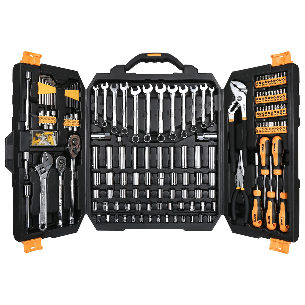 DEKO 192Pcs 198Pcs Professional Car Repair Tool Set Ratchet Spanner Screwdriver Socket Mechanics Tools Kit W/ Blow-Molding Box