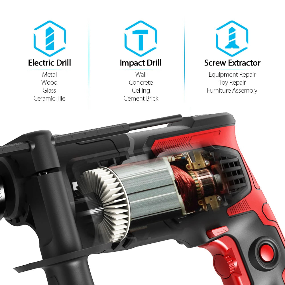 Hammer Drill Impact Drill 850W 3000 RPM Hand Electric Drill with 360° Rotating Handle Hammer and Drill 2 Mode in 1 with Depth