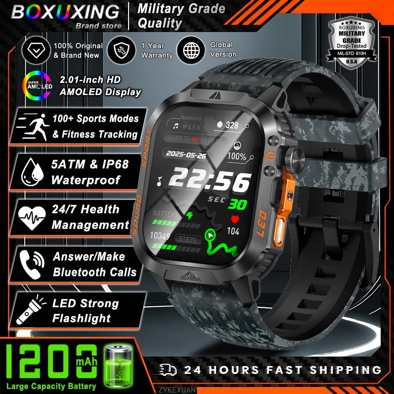 New Military Grade 1200mAh Battery Smartwatch Men 5ATM Waterproof Sports Tracker Flashlight Heart Rate AMOLED Screen Smart Watch