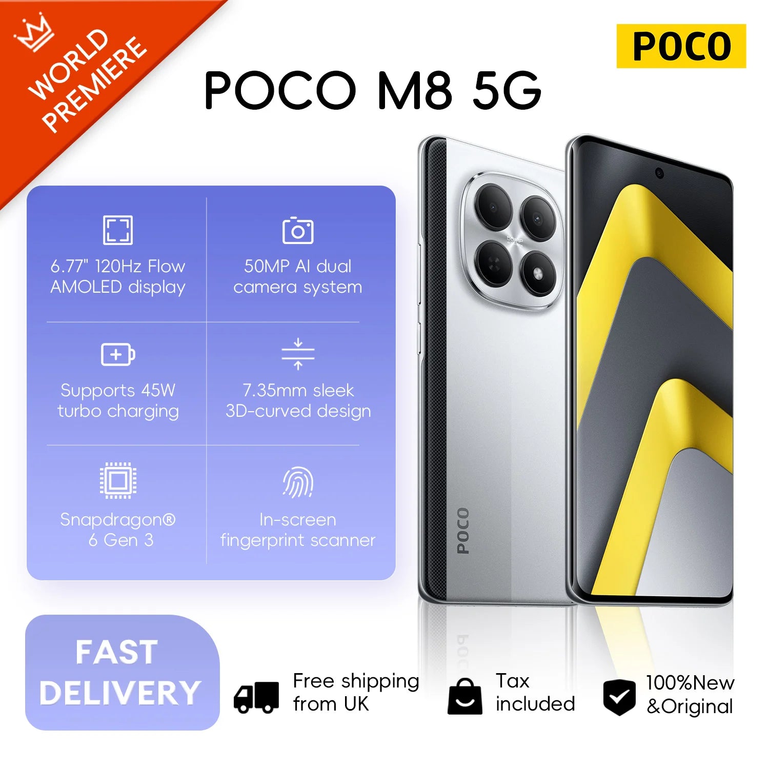 POCO M8 5G 8+256GB Global Version Snapdragon® 6 Gen 3 6.77" 120Hz Flow AMOLED display 7.35mm sleek 3D-curved design 5520mAh 45W