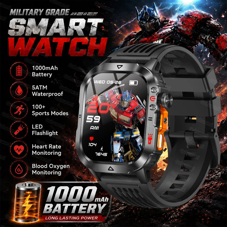 Black rugged smartwatch with round display showing 20:59 and black strap