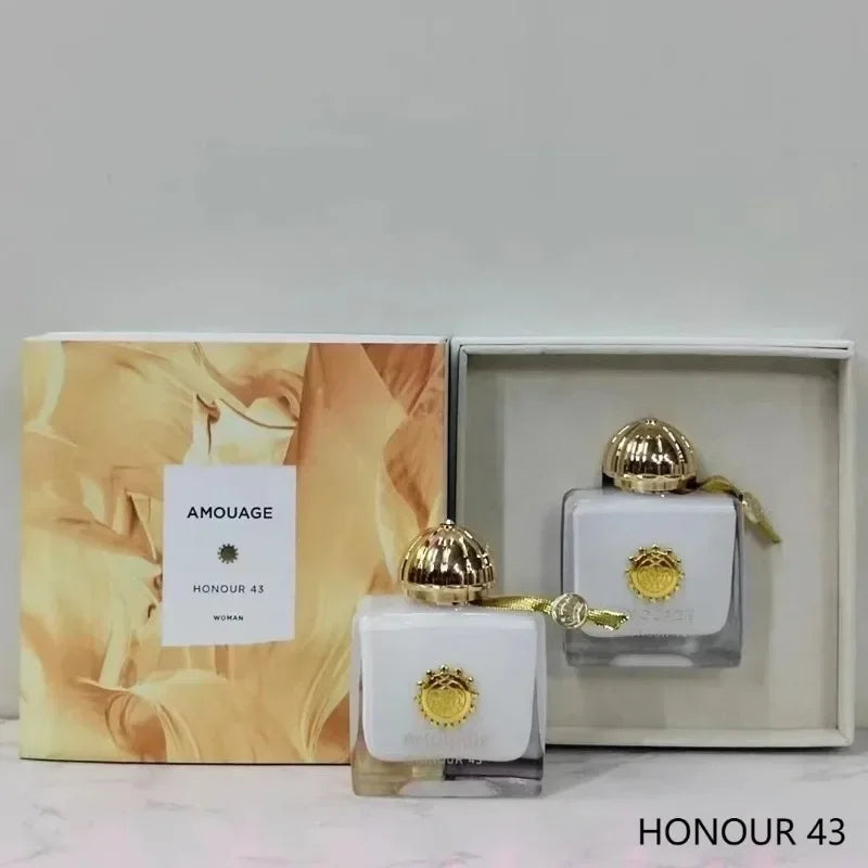 Amouage Honour 43 Woman floral oriental perfume. Luxury white square bottle, gold cap, woody musk EDP gift set. 100ml.