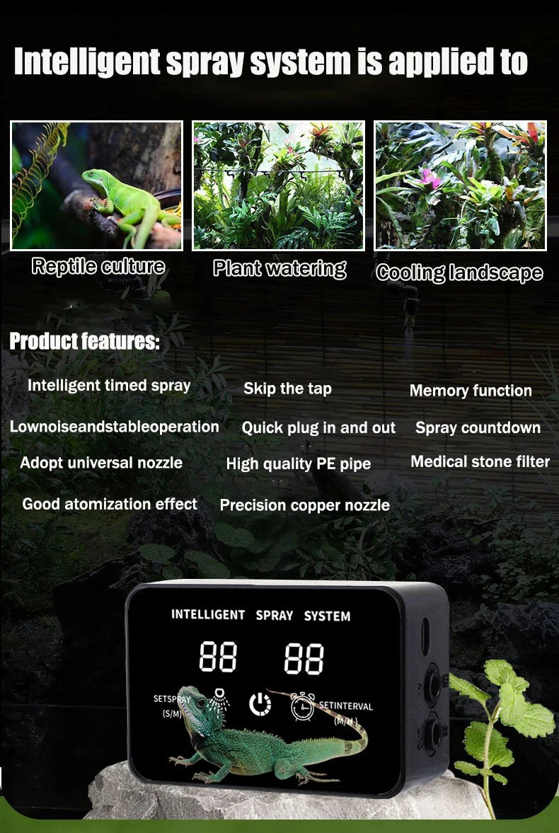 Smart spray irrigation timer system showing modes for reptile misting and plant watering