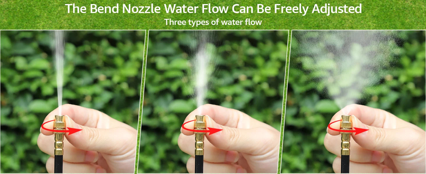 Hands adjusting a bend nozzle, showing adjustable spray streams from a garden sprinkler
