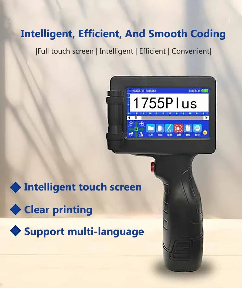 Black handheld inkjet printer with full-touch screen and multi-language support