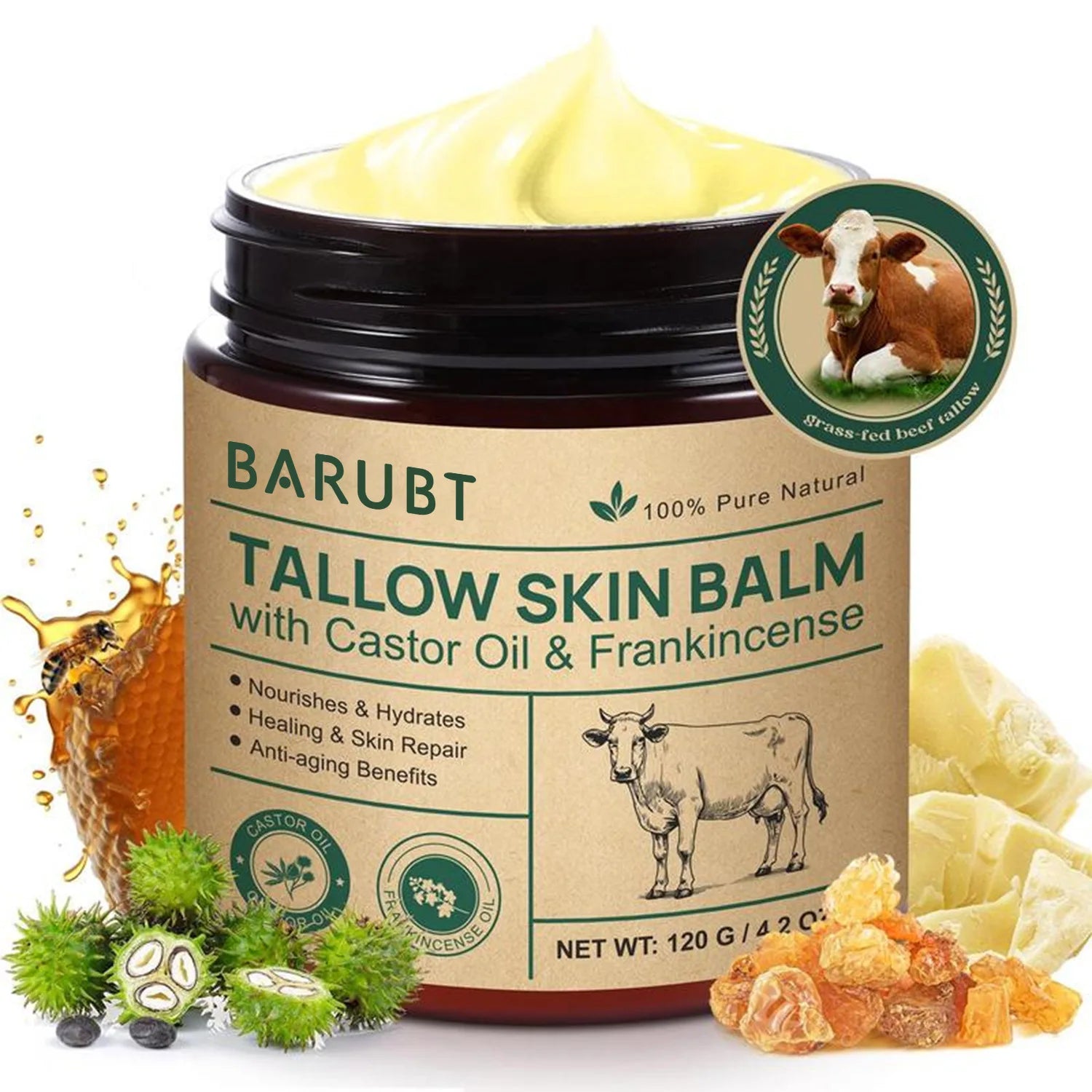 Natural Tallow Face Moisturizer Beeswax Grass-Fed Whipped Tallow Honey Cream Moisturizing Nourish Fast Absorbing Body Skin Care