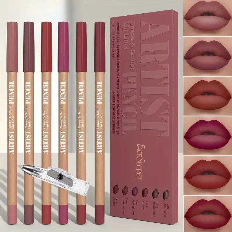 7-piece matte lip liner set with pencil sharpener, featuring long-lasting, highly pigmented shades for defined lips.