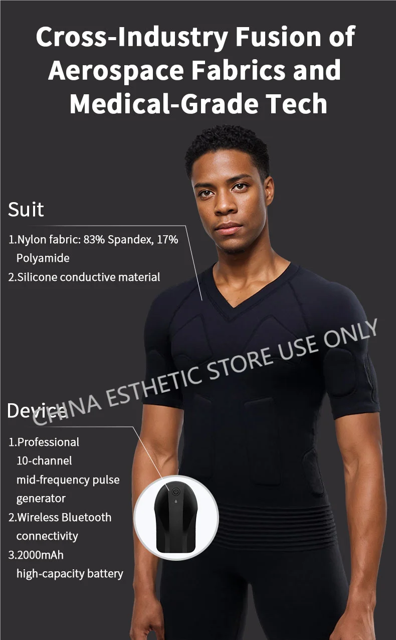 Man wearing black wireless EMS fitness suit with conductive silicone pads and Bluetooth muscle training pulse generator.